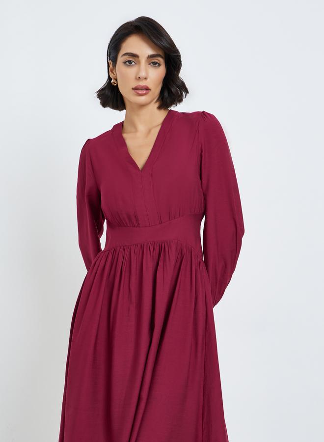 Styli Women Red Balloon Sleeves A-Line Midi Dress - Image 1